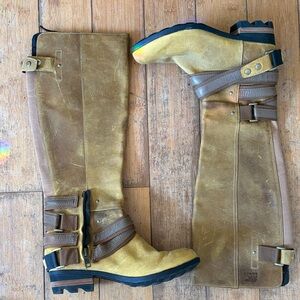 Sorel Tall Leather Hiking Rain Boots in Mustard Brown